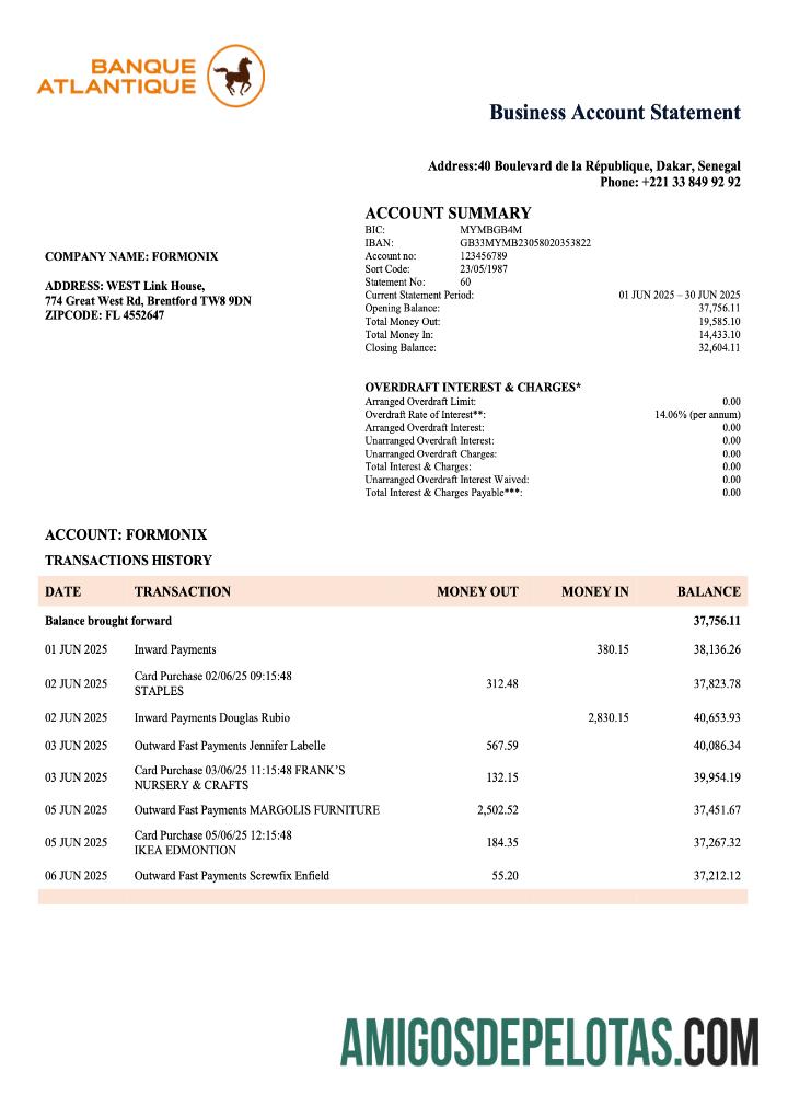 Baixável Senegal Banque Atlantique Company Verificando extrato de conta modelo Word e PDF